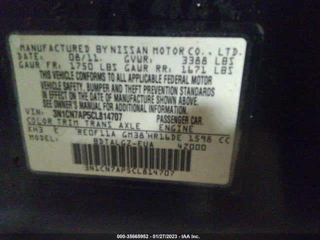 Nissan Versa Sl 2012 3N1CN7AP5CL814707 Image 10