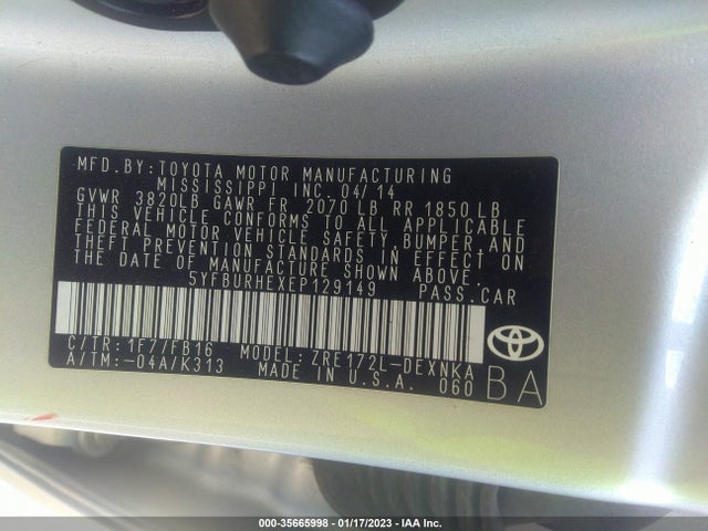 2014 TOYOTA COROLLA LE VIN: 5YFBURHEXEP129149