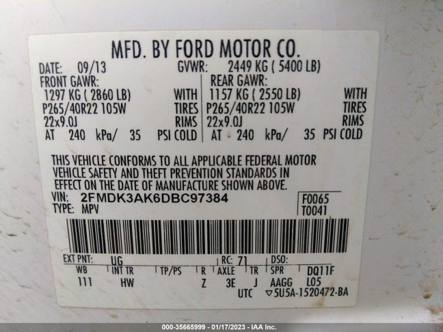 2013 FORD EDGE SPORT VIN: 2FMDK3AK6DBC97384