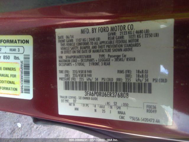 3FA6P0RU6ER376808 Ford Fusion Titanium Hybrid