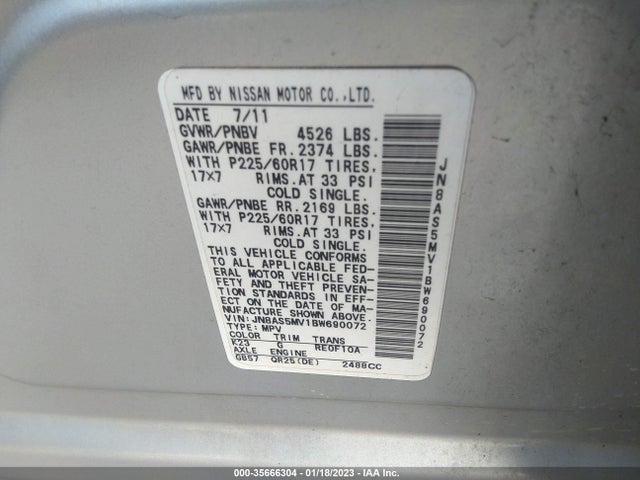 2011 NISSAN ROGUE SV VIN: JN8AS5MV1BW690072