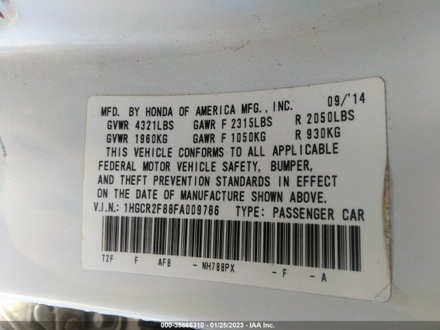2015 HONDA ACCORD SEDAN EX-L VIN: 1HGCR2F88FA009786