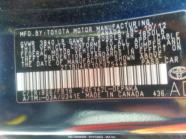 2013 TOYOTA COROLLA L/LE/S VIN: 2T1BU4EE1DC975448