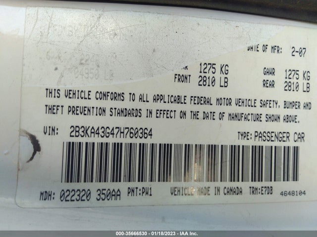 2007 DODGE CHARGER VIN: 2B3KA43G47H760364
