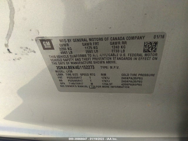 2016 Chevrolet Equinox, VIN: 2GNALBEK4G1152273