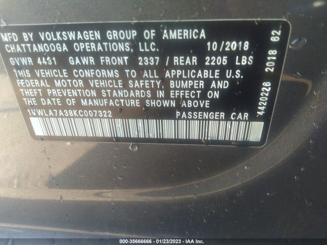 1VWLA7A38KC007322 Volkswagen Passat 2.0t Wolfsburg Edition