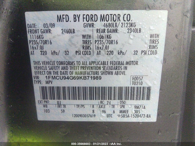 2009 FORD ESCAPE LIMITED VIN: 1FMCU94G69KB71989