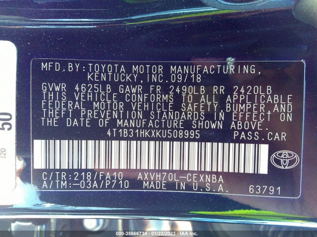 2019 Toyota Camry, VIN: 4T1B31HKXKU508995
