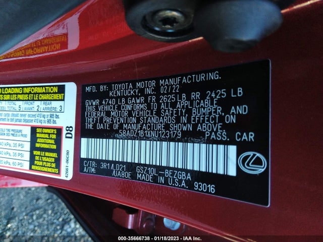 58ADZ1B1XNU123179 Lexus ES