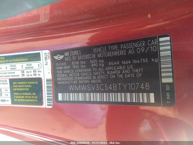 WMWSV3C54BTY10748 Mini Cooper Hardtop S