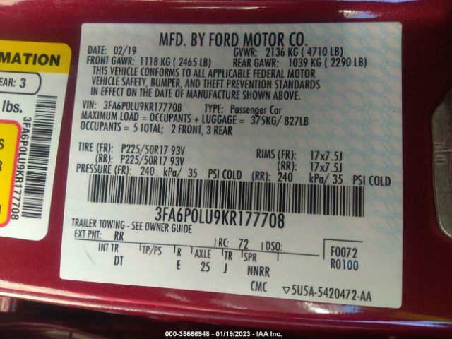 3FA6P0LU9KR177708 Ford Fusion Hybrid Se