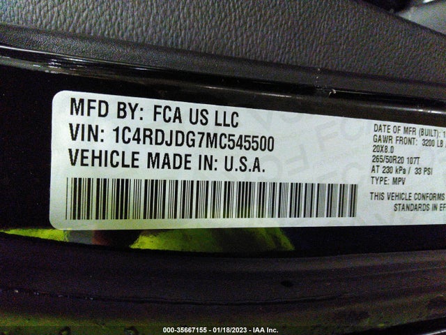 2021 Dodge Durango, VIN: 1C4RDJDG7MC545500