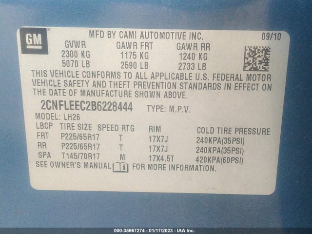 2011 CHEVROLET EQUINOX LT W/1LT VIN: 2CNFLEEC2B6228444