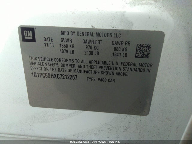 2012 CHEVROLET CRUZE LS VIN: 1G1PC5SHXC7212267