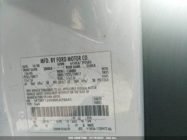 2009 FORD F-150 XL/STX/XLT/XL W VIN: 1FTRF12W99KA76041
