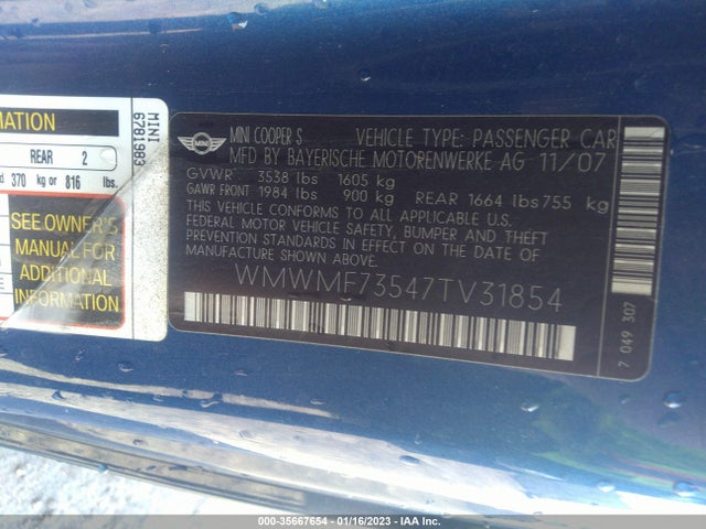 2007 MINI COOPER HARDTOP S VIN: WMWMF73547TV31854