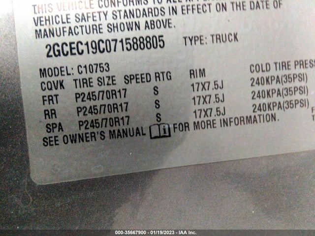 2007 CHEVROLET SILVERADO 1500 LT W/1LT VIN: 2GCEC19C071588805