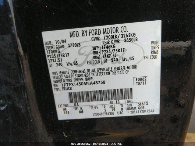 2005 FORD F-150 XLT/FX4/LARIAT/XL VIN: 1FTPX14505NA48758
