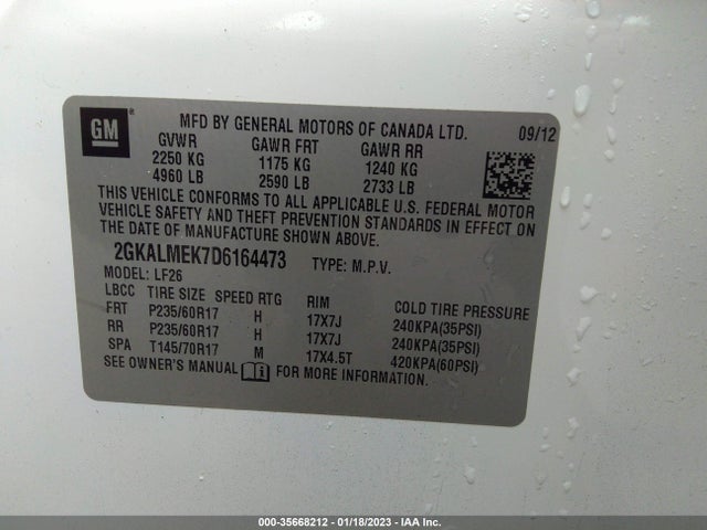 2013 GMC TERRAIN SLE VIN: 2GKALMEK7D6164473