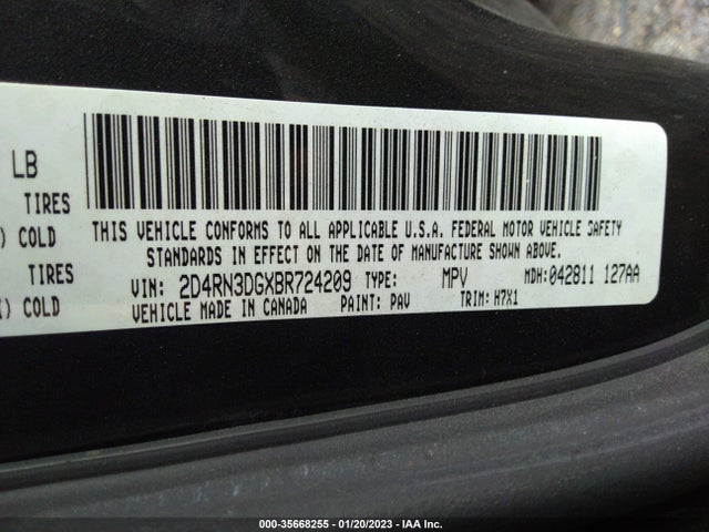 2011 DODGE GRAND CARAVAN MAINSTREET VIN: 2D4RN3DGXBR724209