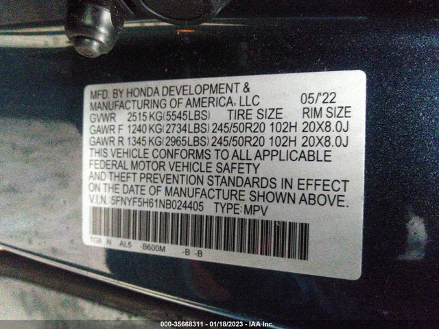 2022 HONDA PILOT TOURING 7-PASSENGER VIN: 5FNYF5H61NB024405