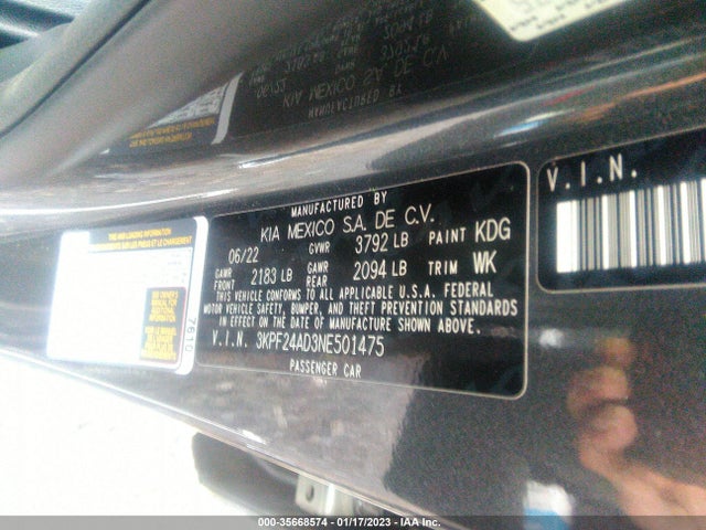 2022 KIA FORTE LXS VIN: 3KPF24AD3NE501475