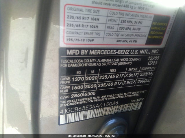 2006 MERCEDES-BENZ R-CLASS 3.5L VIN: 4JGCB65E36A015086