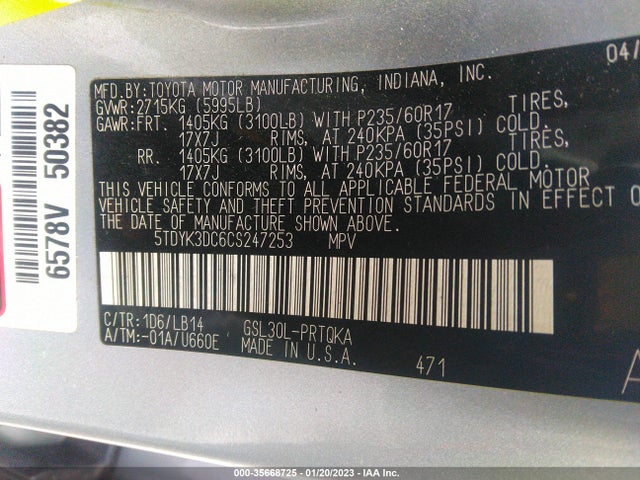 2012 TOYOTA SIENNA XLE AAS/XLE/LTD VIN: 5TDYK3DC6CS247253
