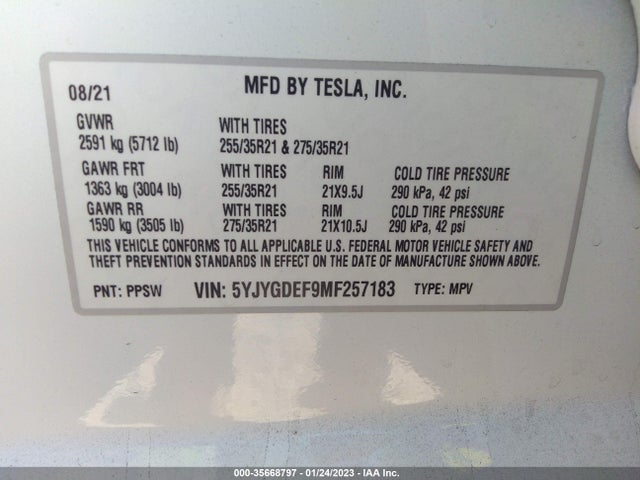 2021 Tesla Model Y, VIN: 5YJYGDEF9MF257183