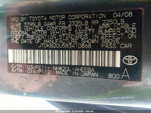 2008 TOYOTA PRIUS VIN: JTDKB20U583410868