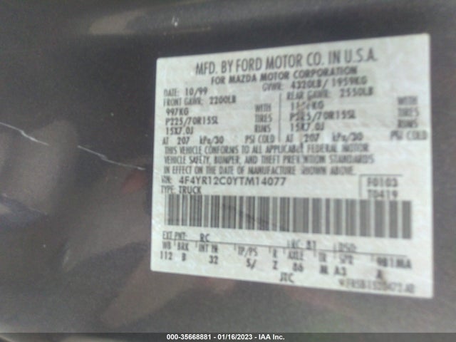 2000 MAZDA B-SERIES 2WD TRUCK SX/SE VIN: 4F4YR12C0YTM14077