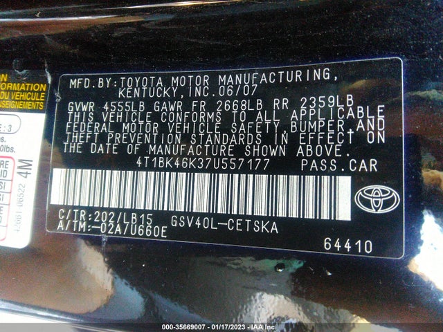 2007 TOYOTA CAMRY LE/SE/XLE VIN: 4T1BK46K37U557177