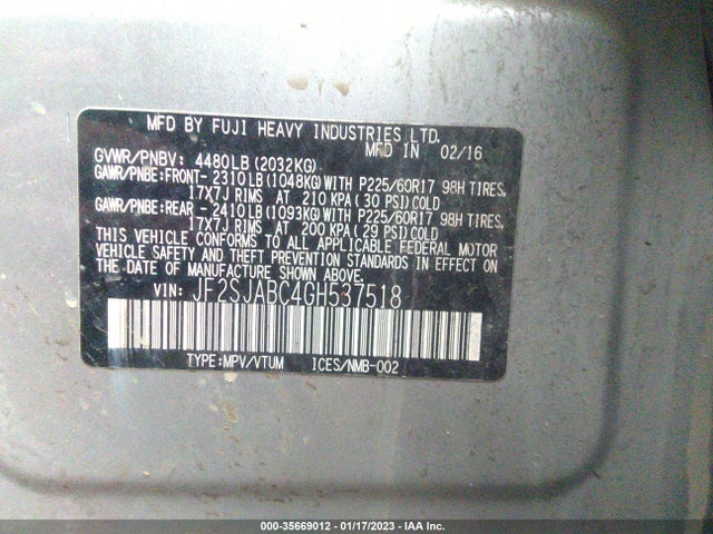 2016 SUBARU FORESTER 2.5I VIN: JF2SJABC4GH537518