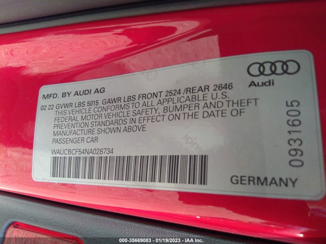 2022 Audi A5, VIN: WAUCBCF54NA028734