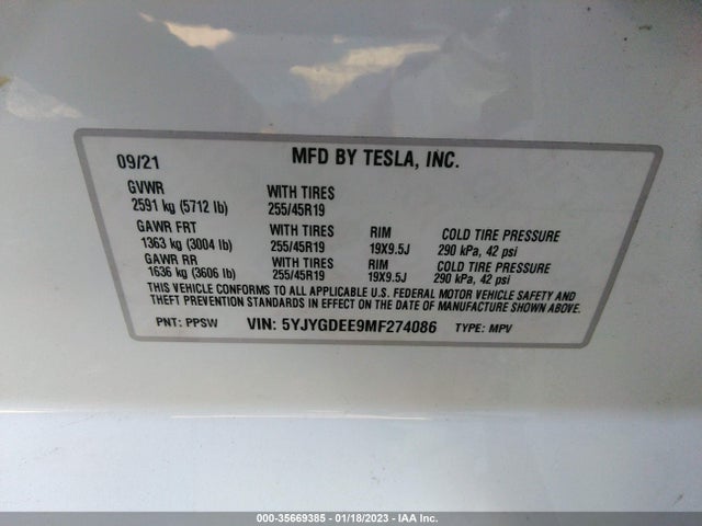 2021 TESLA MODEL Y LONG RANGE VIN: 5YJYGDEE9MF274086