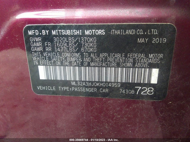2019 Mitsubishi Mirage, VIN: ML32A3HJ0KH014959