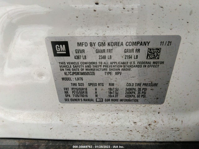 2022 Chevrolet Trax, VIN: KL7CJPSM7NB505335