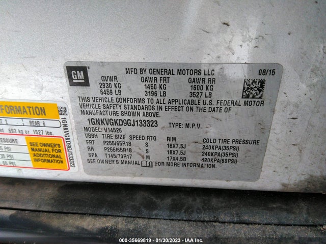 Chevrolet Traverse Lt 2016 1GNKVGKD9GJ133323 Image 9
