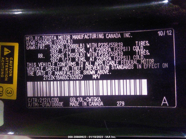 2T2ZK1BA6DC102827 Lexus RX 350