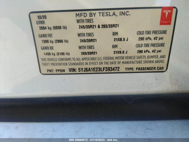 2020 Tesla Model S, VIN: 5YJSA1E23LF393472