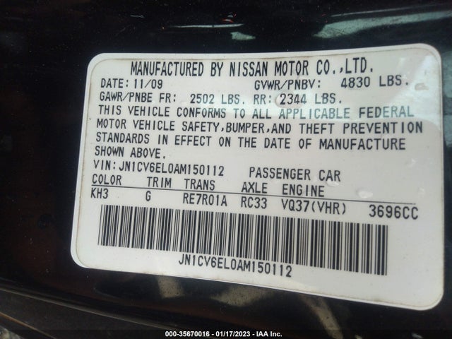 2010 INFINITI G37 COUPE X VIN: JN1CV6EL0AM150112