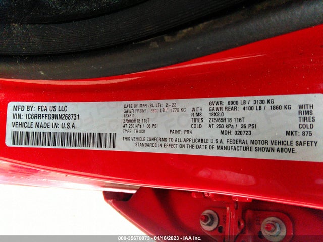 2022 RAM 1500 BIG HORN VIN: 1C6RRFFG9NN268731