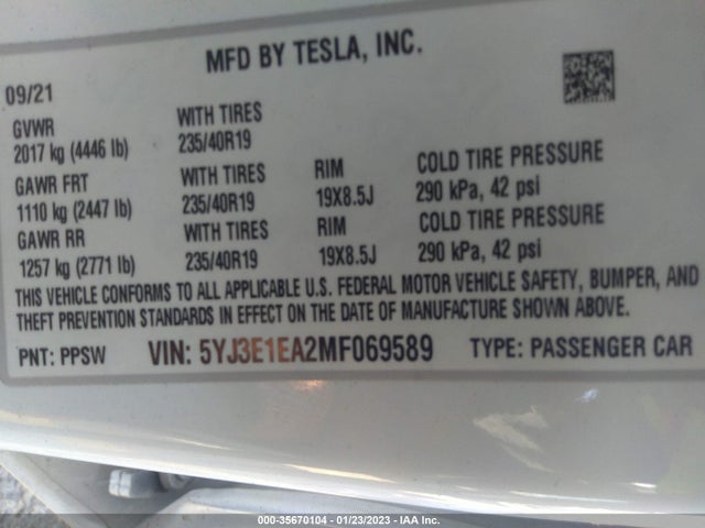 Tesla Model 3 Standard Range Plus 2021 5YJ3E1EA2MF069589 Image 11