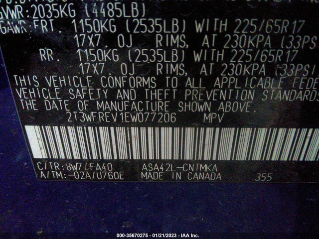 2014 TOYOTA RAV4 XLE VIN: 2T3WFREV1EW077206