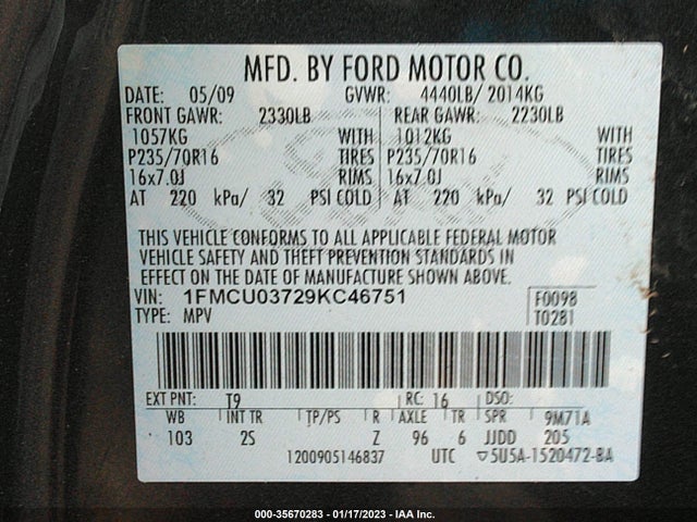 2009 FORD ESCAPE XLT VIN: 1FMCU03729KC46751