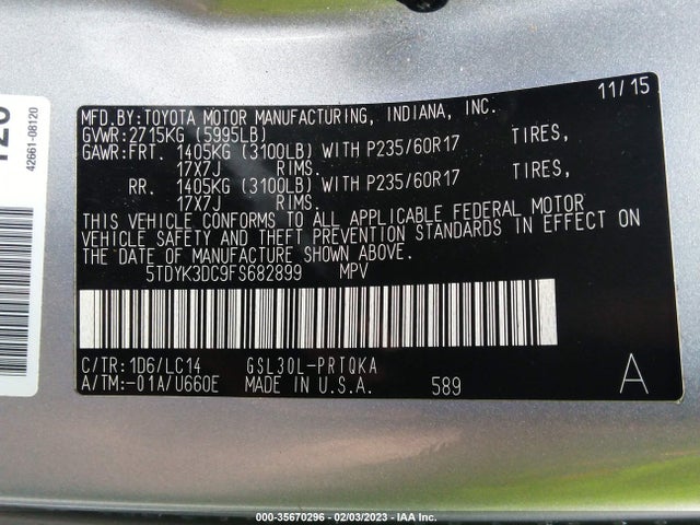 2015 TOYOTA SIENNA XLE/XLE AAS/LTD VIN: 5TDYK3DC9FS682899