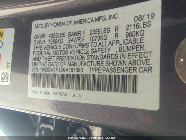 2019 Honda Accord, VIN: 1HGCV1F13KA167083