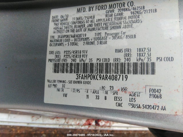 2010 FORD FUSION SPORT VIN: 3FAHP0KC9AR408719
