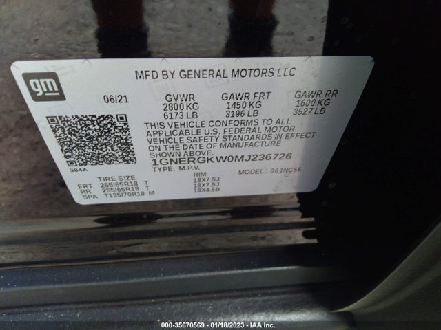 Chevrolet Traverse Lt Cloth 2021 1GNERGKW0MJ236726 Image 9