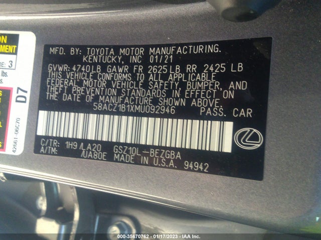 2021 Lexus ES, VIN: 58ACZ1B1XMU092946